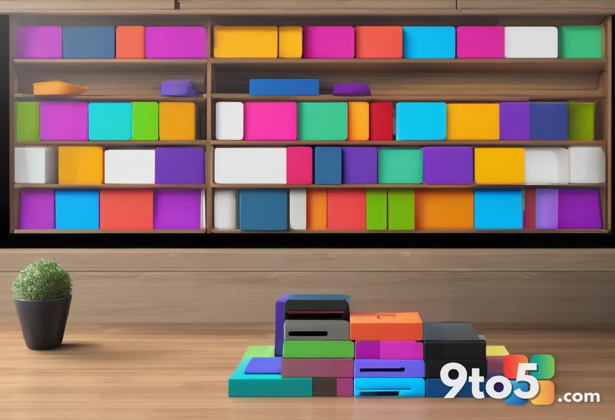 A stack of colorful game disc cases arranged in a spiral pattern on a wooden table, with a soft focus background suggest