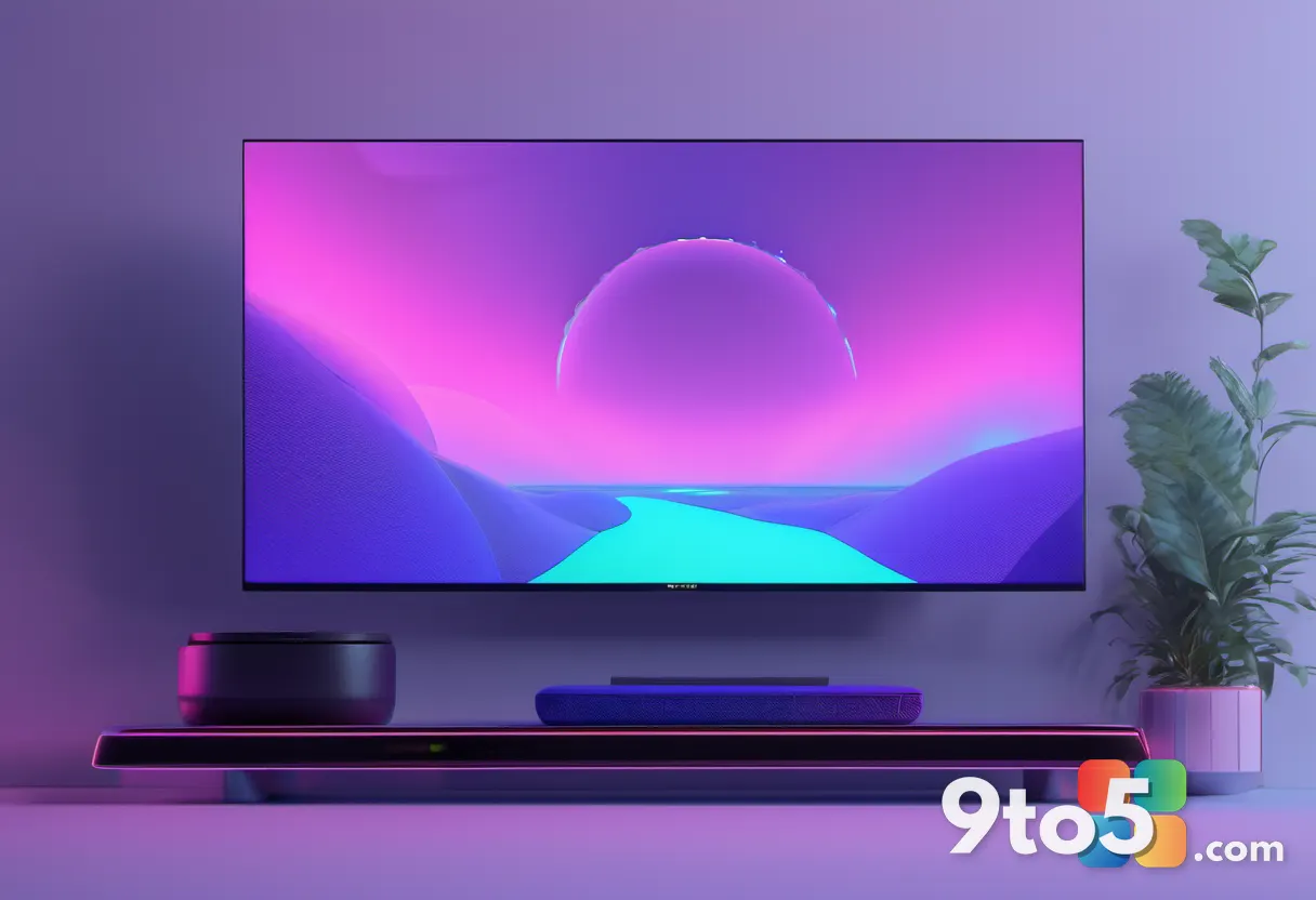 A futuristic streaming dongle plugged into a TV, emitting a soft holographic glow that projects a game menu into the air