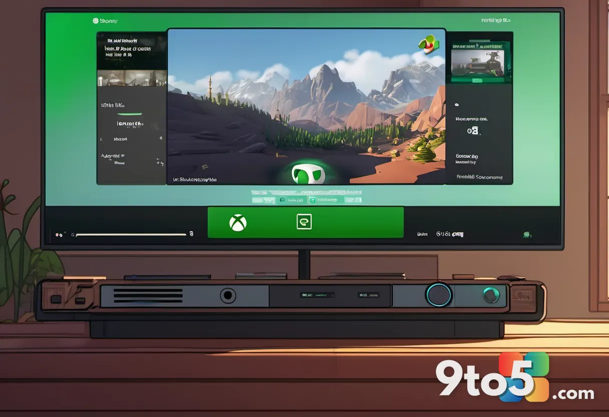 A close-up of a game controller on a couch with a TV screen showing the Xbox Game Pass library interface in the backgrou