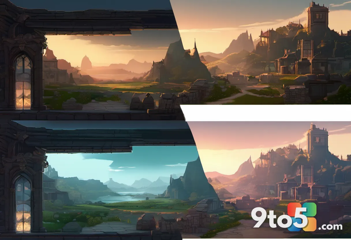A split image showing a dark fantasy landscape on one side and a bright medieval town on the other, symbolizing the tran