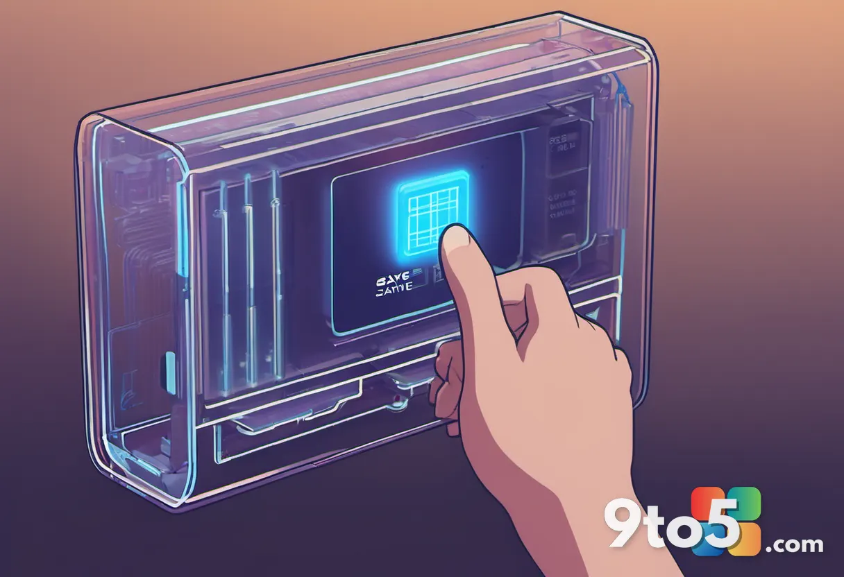 A close-up of a hand holding a transparent, glowing game cartridge with save data symbols etched into it, symbolizing lo