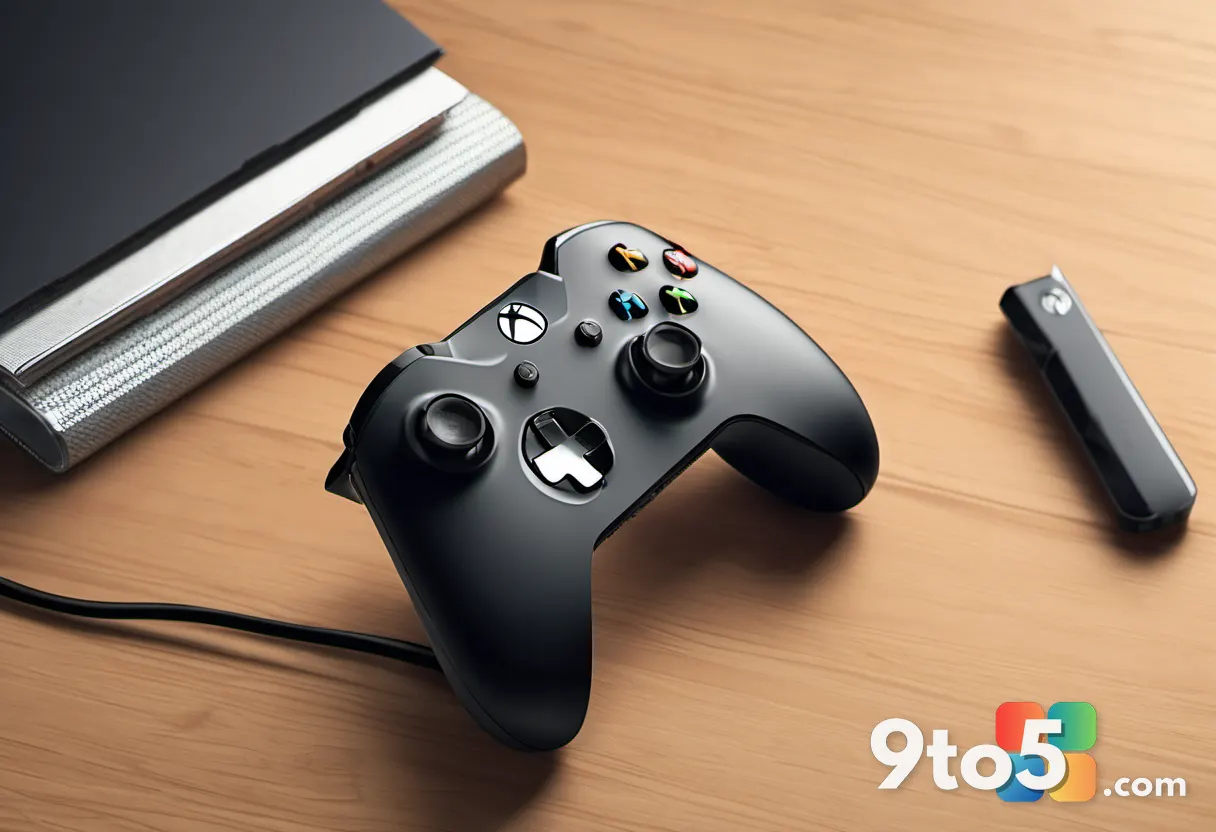 A stylized Xbox controller resting on a wooden desk beside a notebook and pen, with soft warm lighting highlighting the 