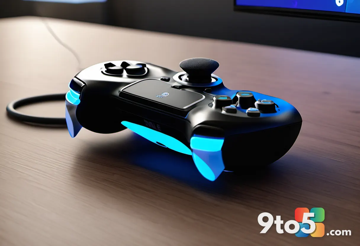 A close-up of a game controller resting on a desk with a glowing microphone icon floating nearby, representing voice cha