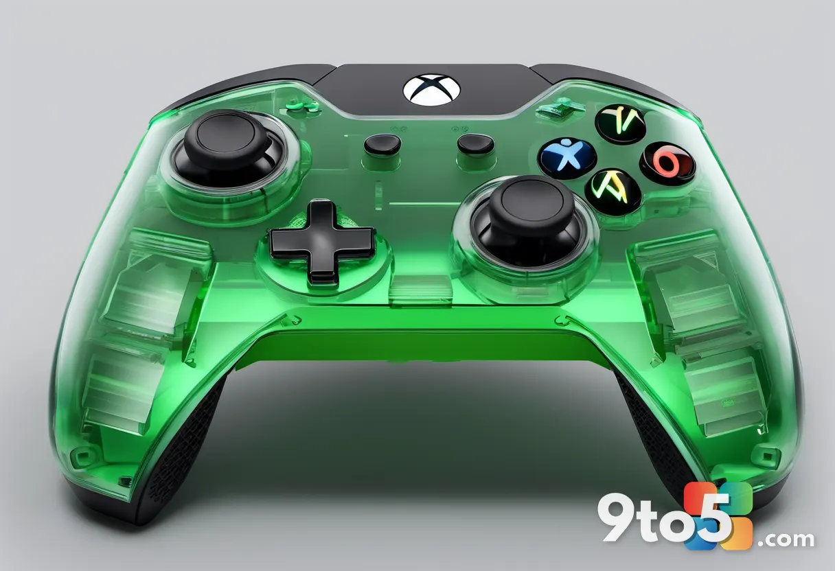 A close-up of the translucent green Crystal Green Xbox console, highlighting its unique design and internal components.