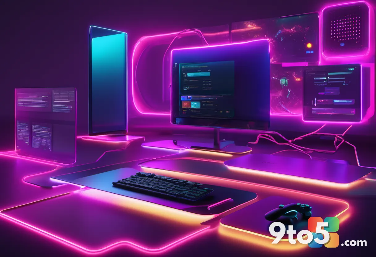 An abstract digital visualization of game data streams connecting various gaming platforms, using vibrant neon colors.