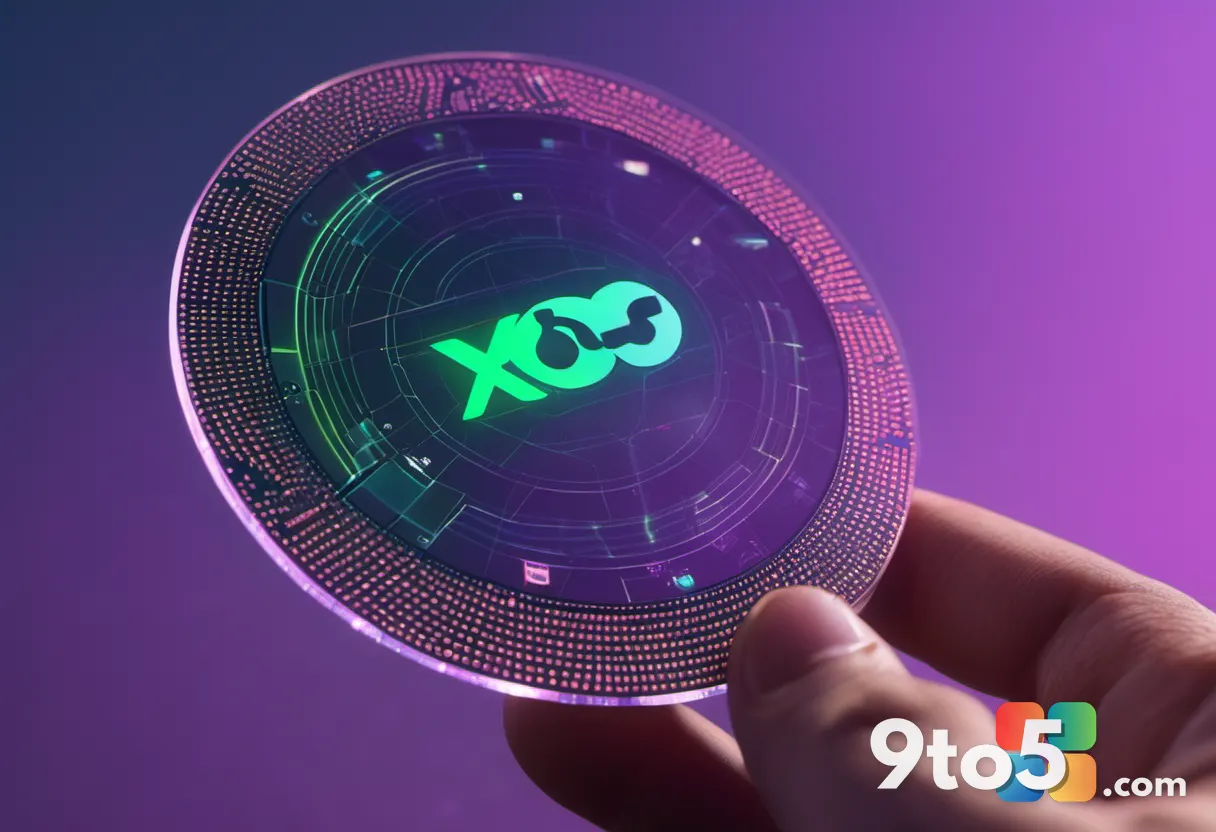 A close-up shot of a hand holding an Xbox game disc, with a holographic projection of digital code floating above it.