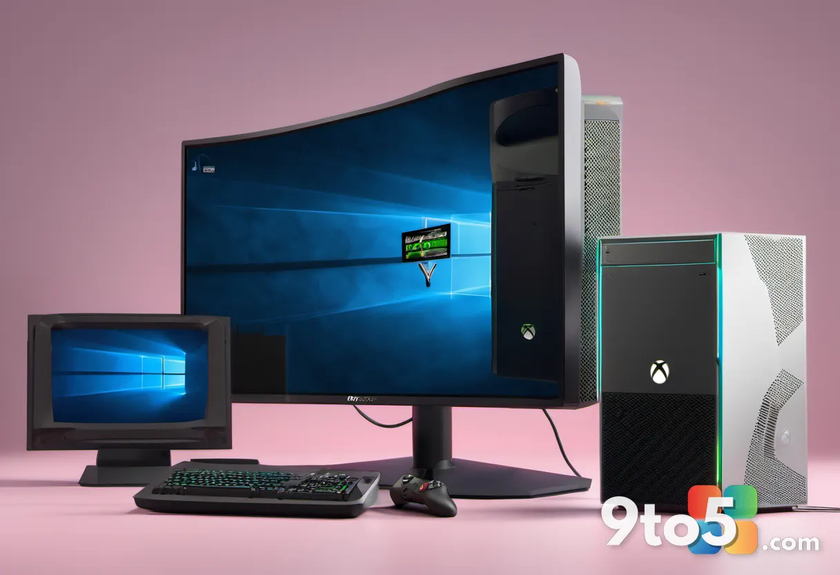 A nostalgic scene showing a classic Xbox console next to a modern gaming PC, highlighting the evolution of gaming hardwa