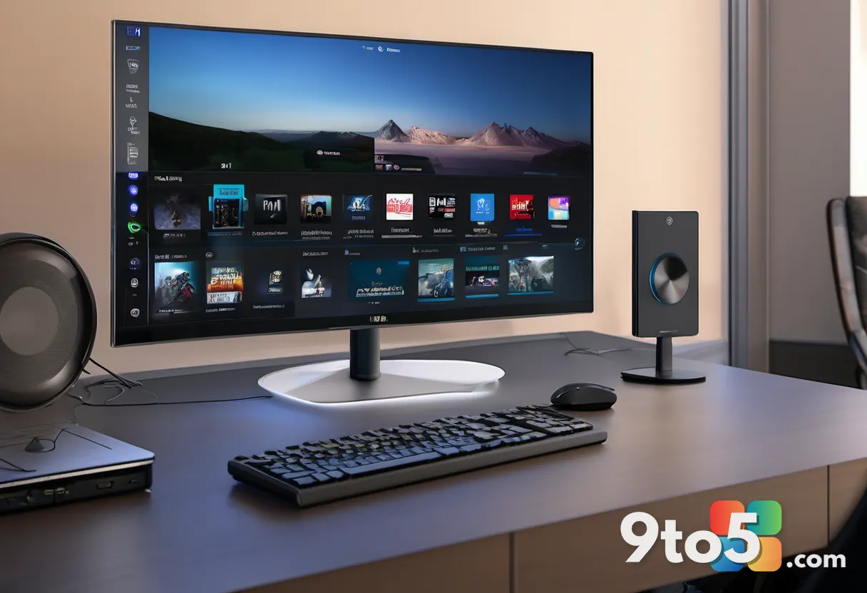 A hand placing a 4K Ultra HD Blu-ray case into a slim media organizer, with a blurred home theater setup in the backgrou