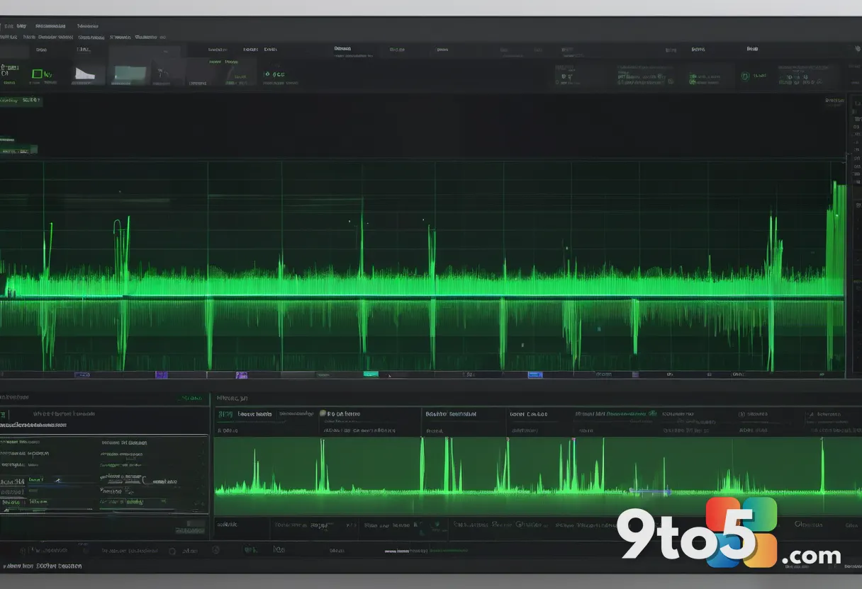 A close-up of a modern television screen showing a split-screen video editor timeline with audio waveforms highlighted i