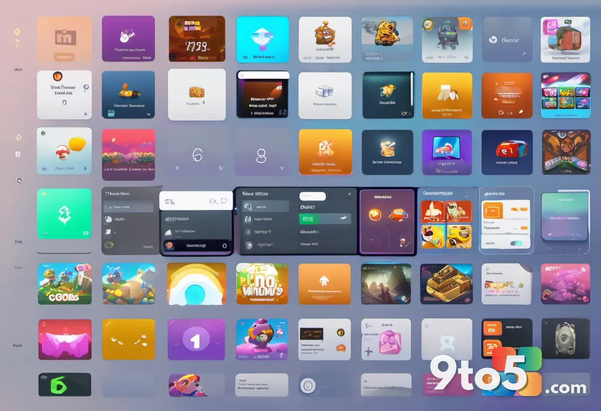 A minimalist digital dashboard interface displaying a grid of colorful game box art with sorting dropdown menus floating