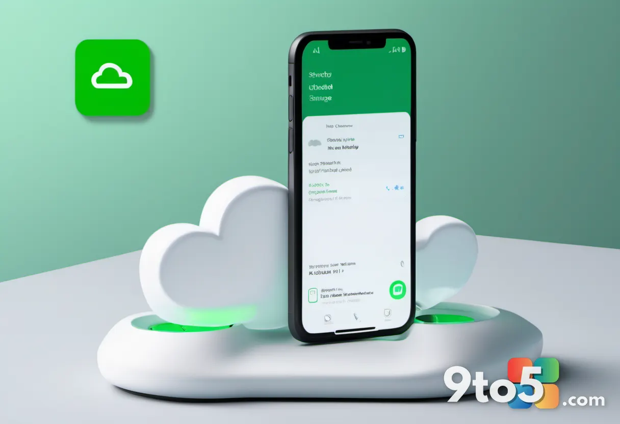 A hand holding a white smartphone displaying a cloud storage icon with a green checkmark, positioned in front of a softl