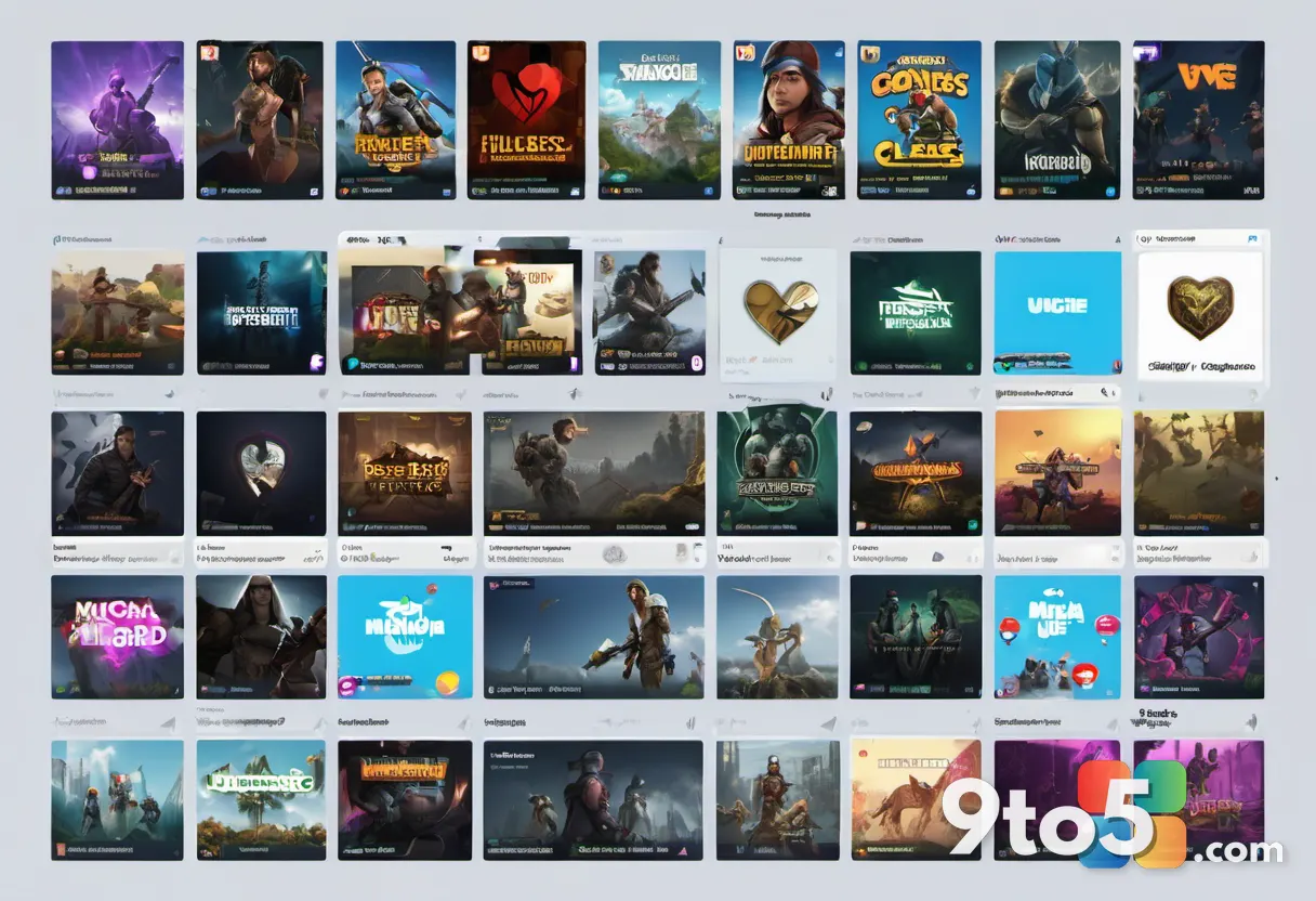 A clean digital wishlist layout showing rows of game cover art with heart icons and price drop tags, arranged in a moder