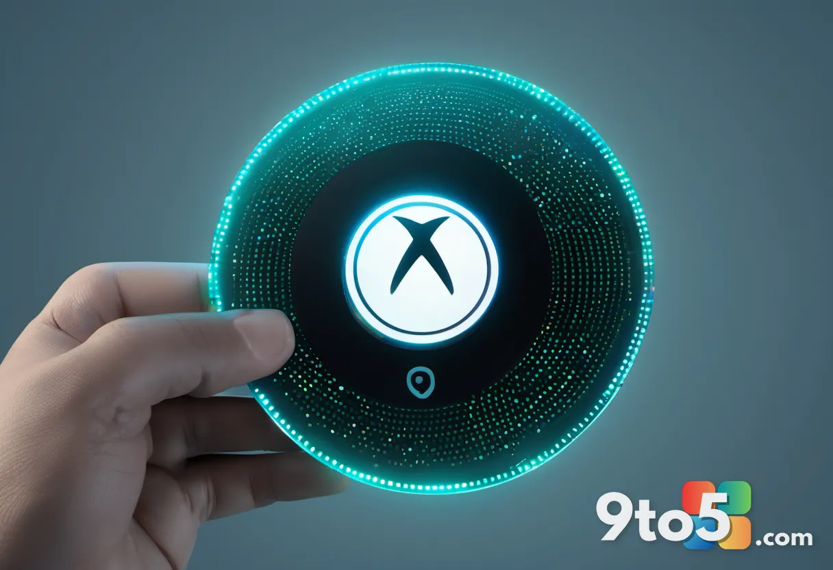 A hand holding an Xbox game disc catching light, digital particles dissolving from the disc into glowing pixels, concept