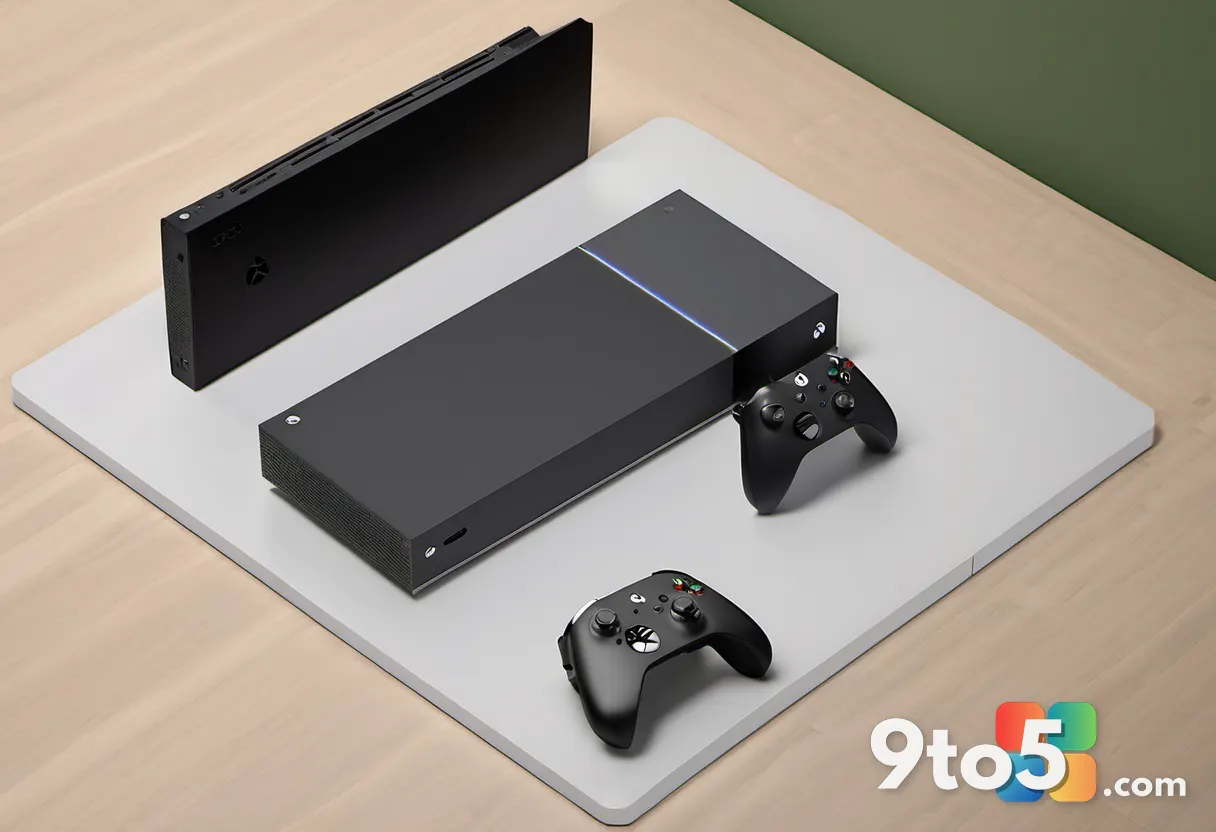 Top-down view of an Xbox Series X and Series S consoles side by side on a wooden desk, warm room lighting, minimalist st
