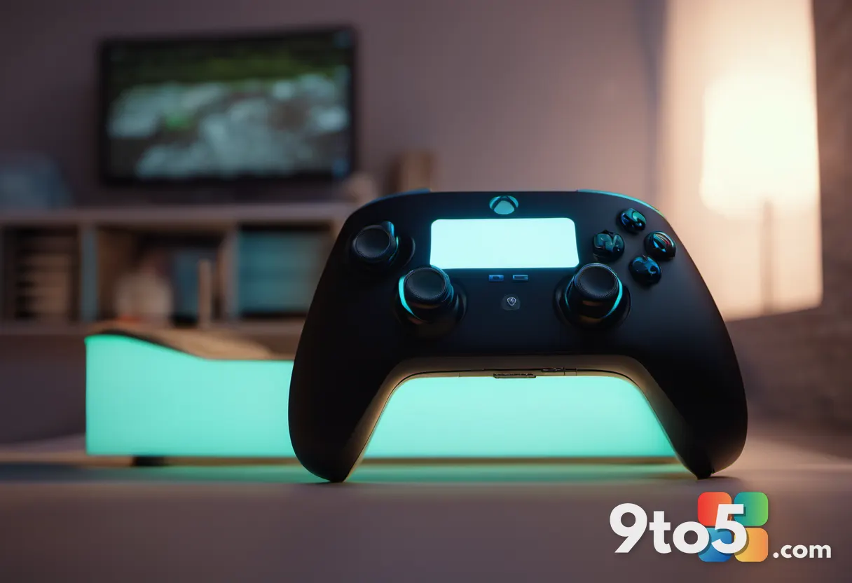 A close-up of a hand holding a modern controller, with a glowing achievement icon projected onto a nearby wall, cinemati
