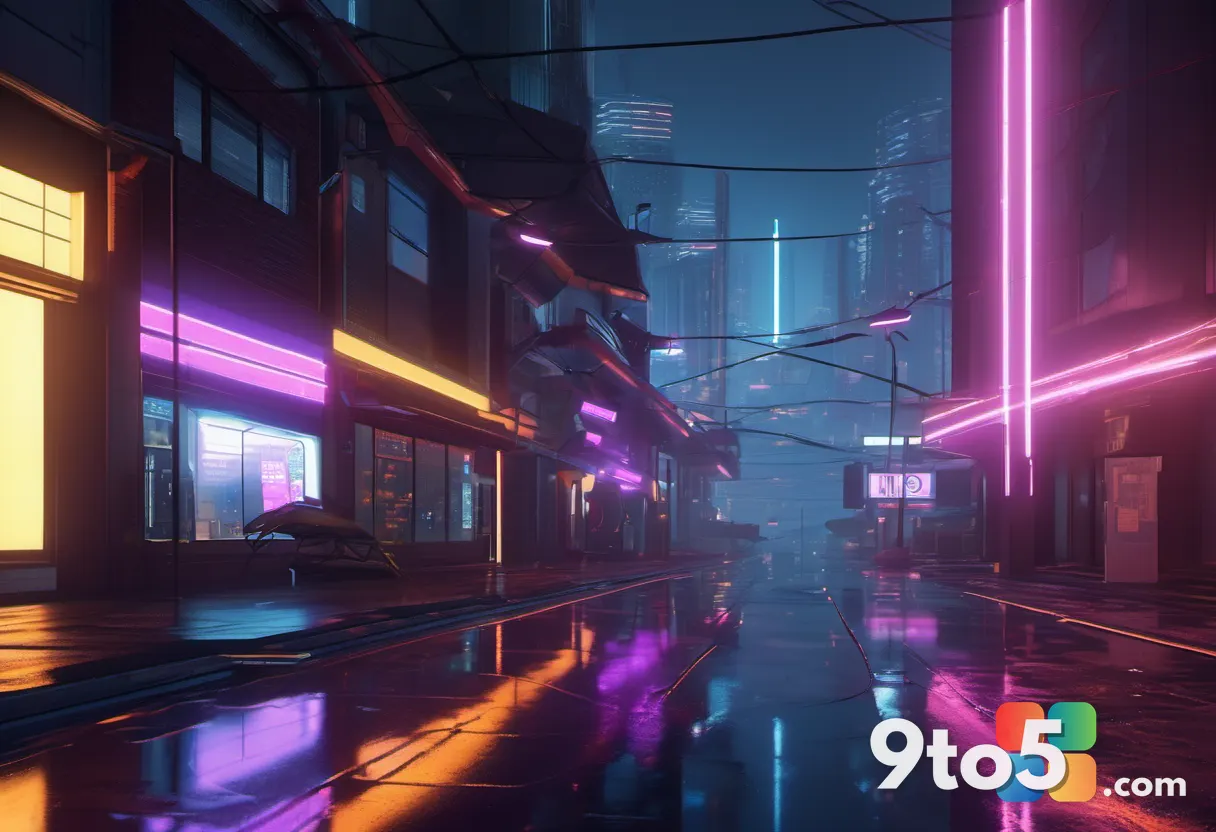 A cinematic shot of a futuristic cityscape at dusk with neon reflections on wet pavement, evoking a high-end AAA game en