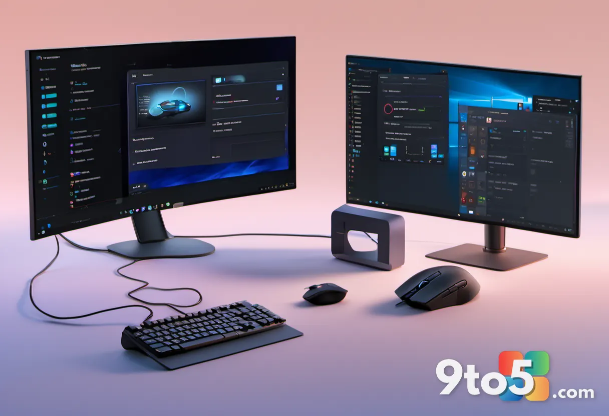 A split composition showing a console controller on the left and a gaming mouse on the right, connected by a subtle digi