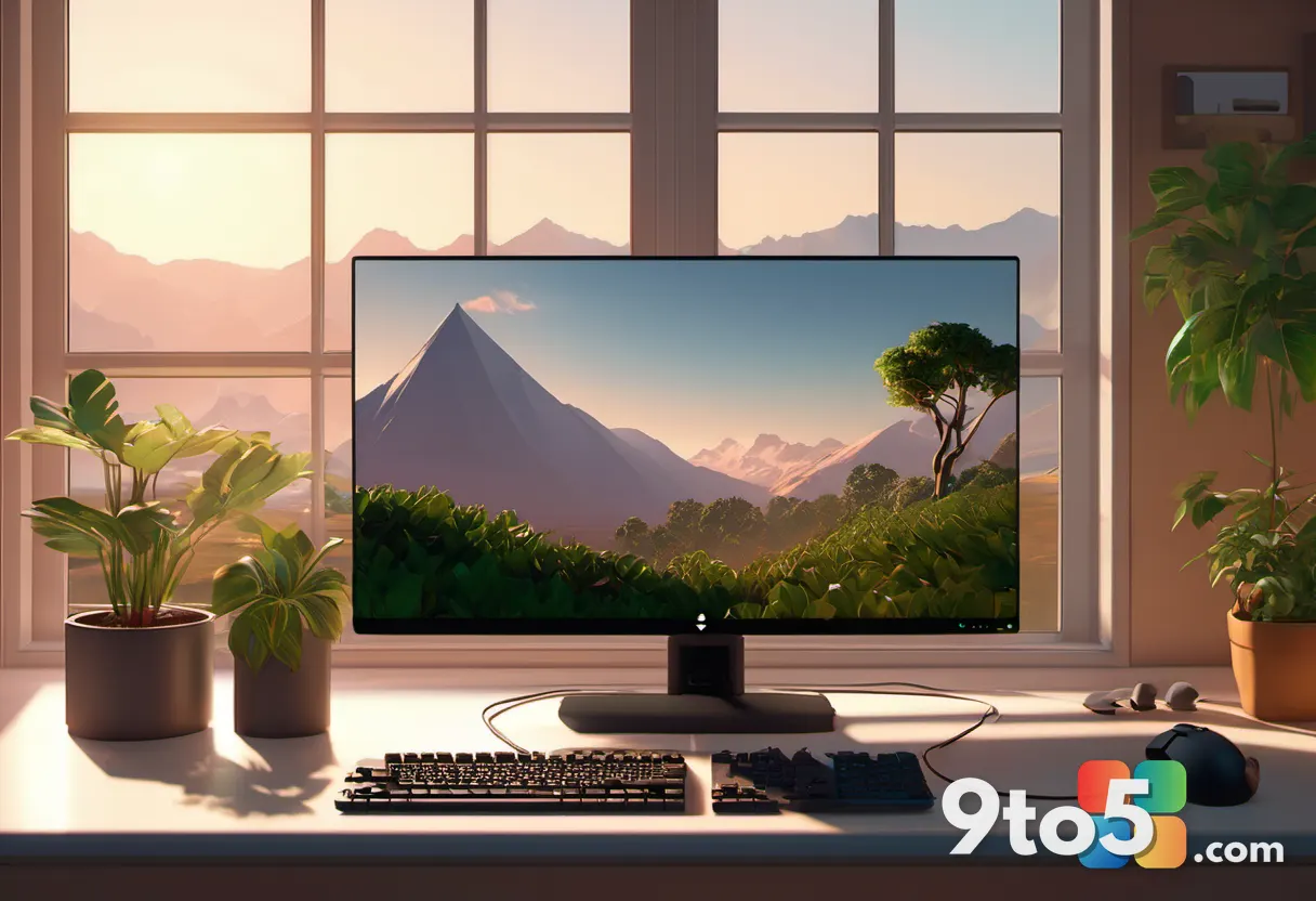 A wide shot of a cozy gaming setup featuring a monitor, keyboard, and a small potted plant, bathed in warm afternoon lig