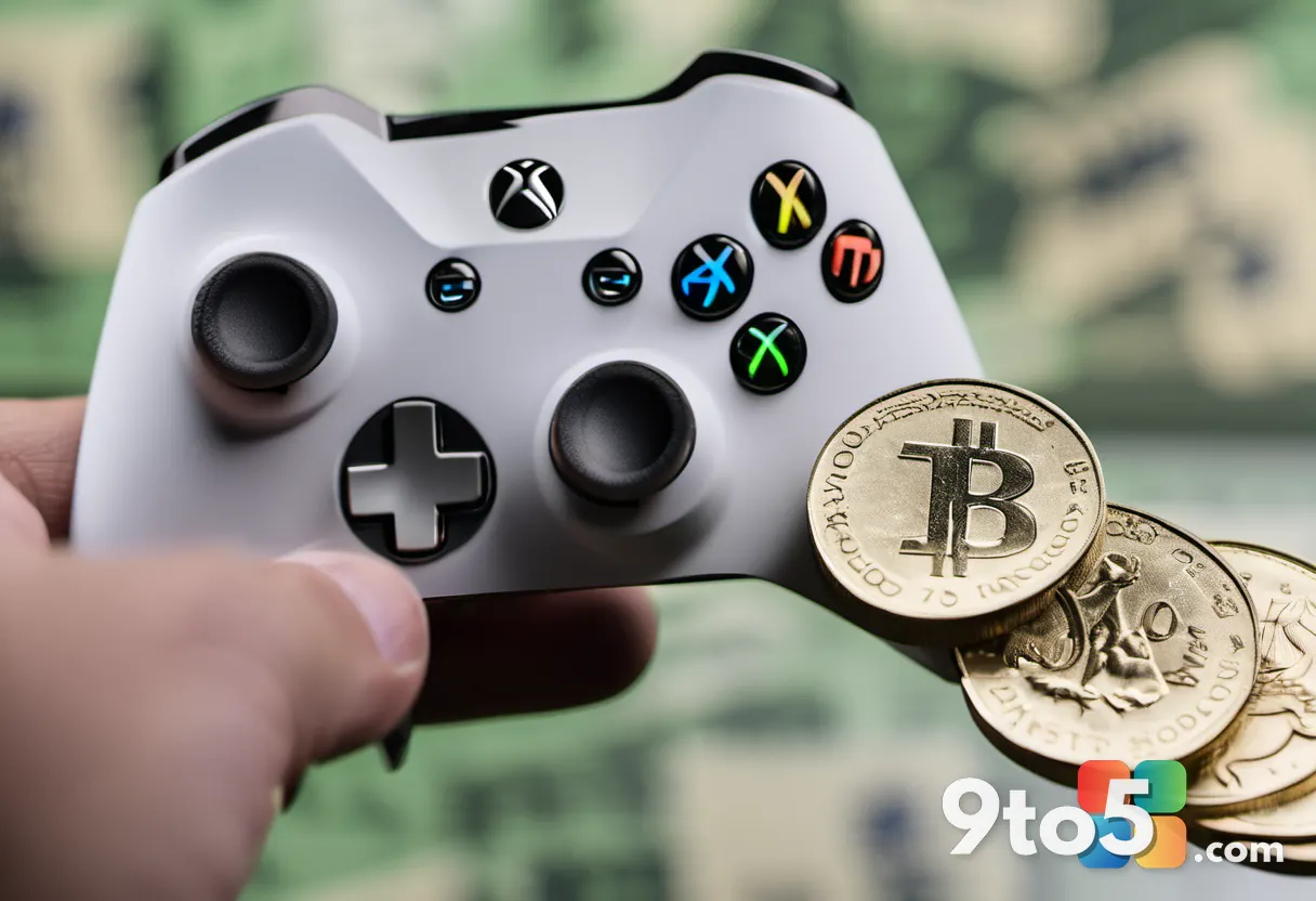 A hand holding an Xbox Series S next to a stack of UK pound notes and European euro coins, soft bokeh background, neutra