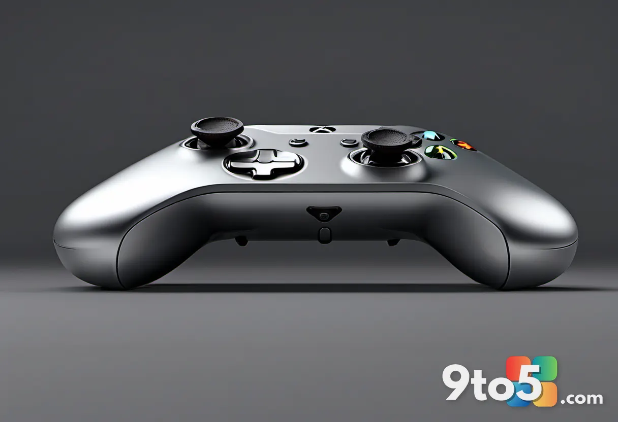 A matching titanium Xbox controller resting on a dark matte surface, soft studio lighting, brushed metal details, shallo