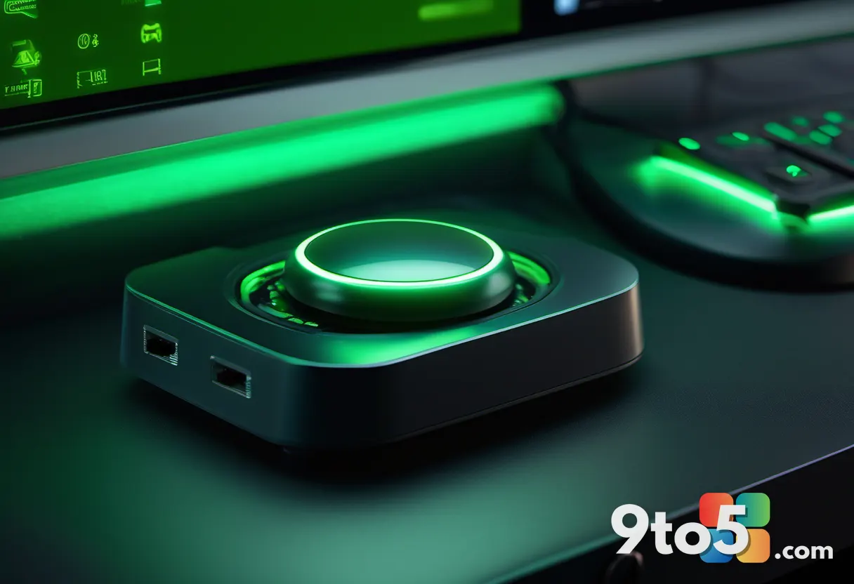 Close-up of a green-tinted glowing power button on a translucent green console, shallow depth of field, dark moody backg
