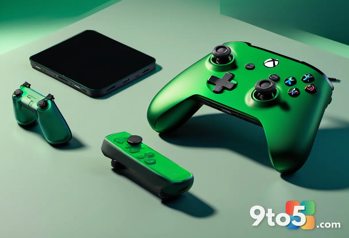 A translucent green wireless game controller resting beside a matching console, angled hero shot, soft backlighting, dar