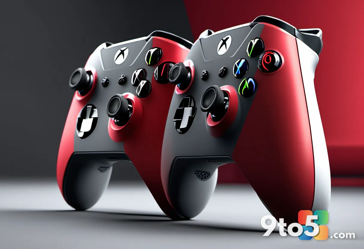 A side view of two Xbox controllers standing upright, one with a dark gray worn finish and red grips, the other with a l