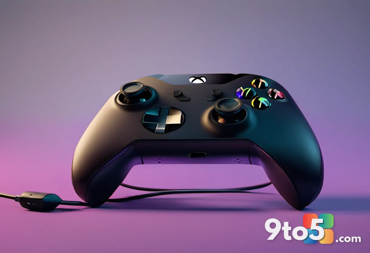 A close-up of an Xbox controller resting on a gaming headset, with soft ambient lighting highlighting the buttons and mi