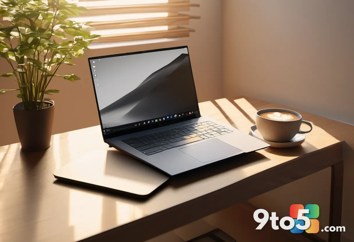 A modern laptop resting on a wooden desk next to a coffee cup and notebook, morning sunlight casting soft shadows, minim