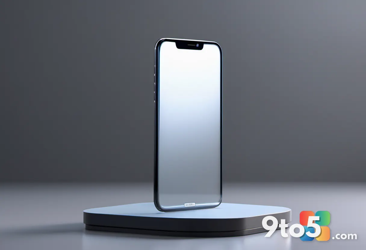 A single smartphone displayed on a floating glass pedestal with a subtle glow, surrounded by soft bokeh lights, dark bac
