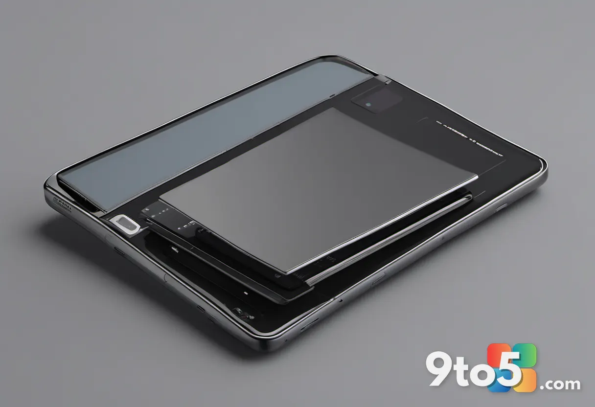 A foldable phone half-open revealing a large square display, sleek metal frame, studio lighting on a neutral gray surfac