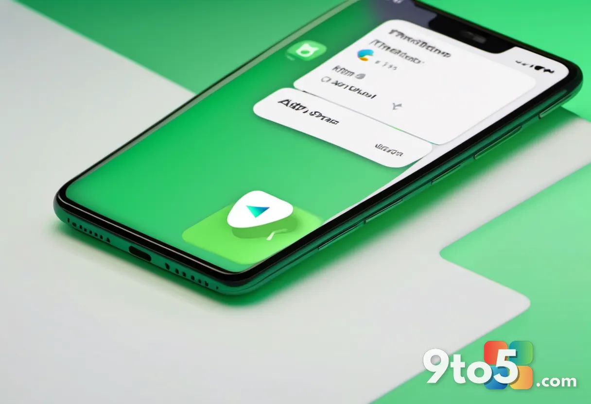 A stylized illustration of an open-source app store icon on a smartphone screen, green and white color scheme, clean mod