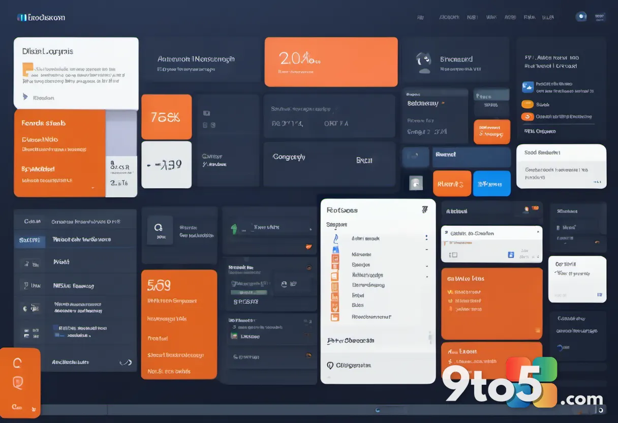 A stylized web browser window showing colorful webpage tabs against a dark navy background, warm orange accents, soft st