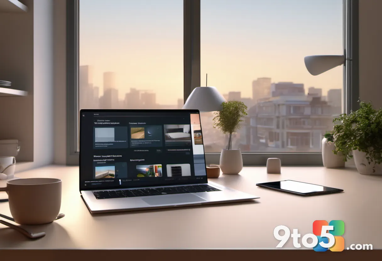 A person at a kitchen table with a laptop, phone, and tablet all showing clean, ad-free web pages, warm morning light, c