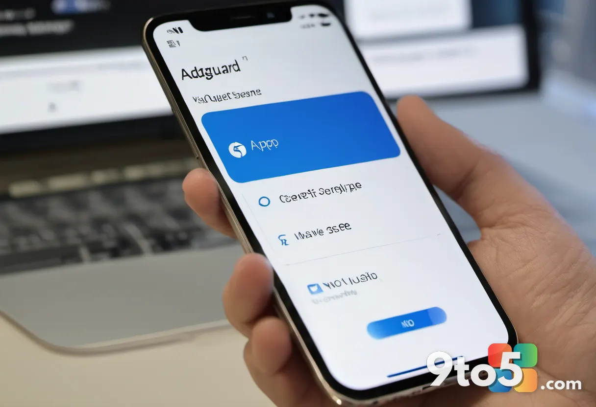 A close-up of a smartphone screen displaying the AdGuard app interface with a quiet blue status dot, soft focus backgrou