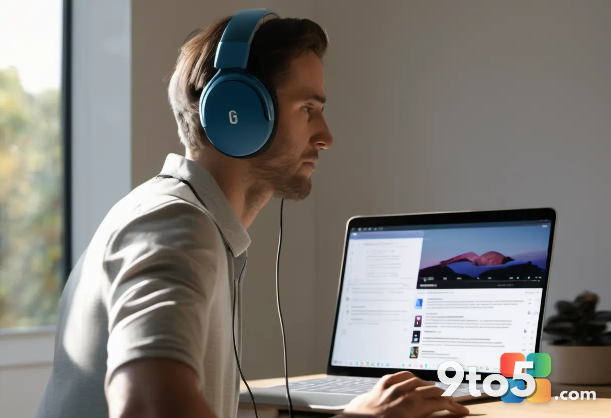 A person wearing headphones listening to an audio podcast summary while reviewing a document on a laptop, warm natural l