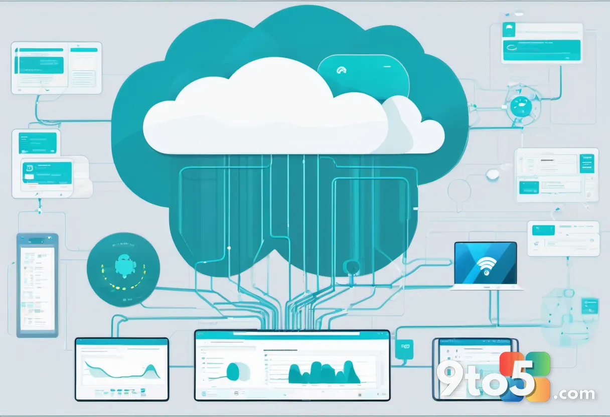 A flat illustration of a network diagram connecting cloud storage icons to a central AI assistant hub, blue and teal col