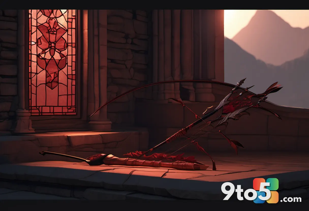 A close-up editorial shot of a fantasy bow and quiver of arrows resting on ancient stone, warm torchlight and deep red s