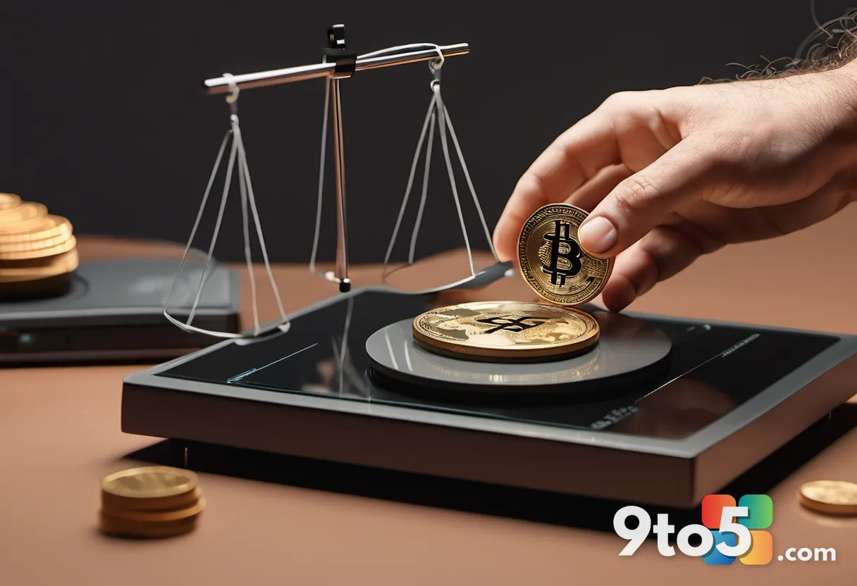 A close-up of a hand placing a small AI chip onto a balance scale alongside coins, balancing wealth against technology i