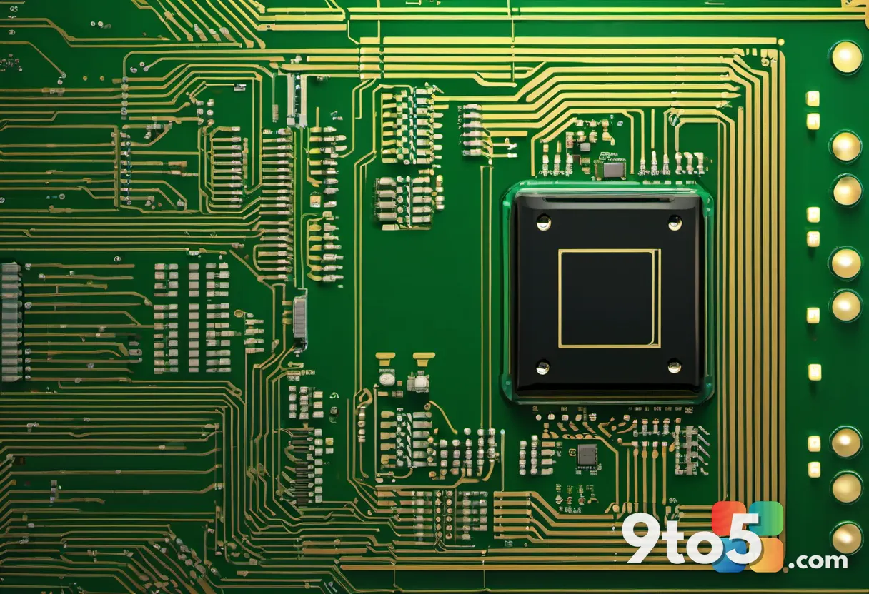 A macro photograph showing two silicon chips placed side by side on a green circuit board, connected by fine gold traces