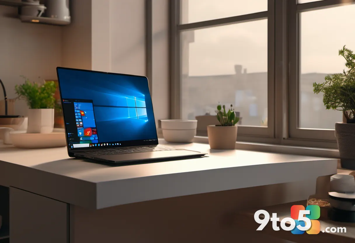 A person at a kitchen table using a lightweight laptop, a snappy Windows desktop with File Explorer open on screen, cozy