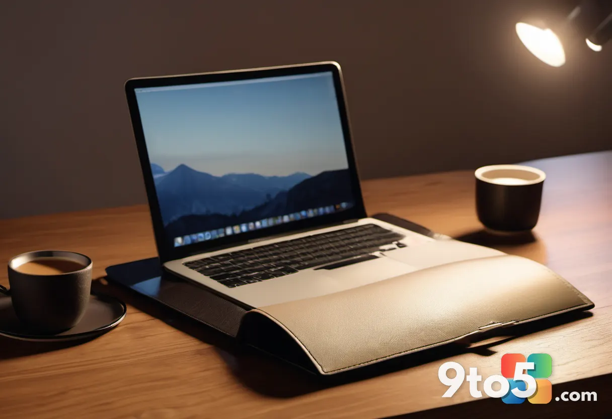 A close-up of a leather dossier folder resting on a wooden desk, soft lamplight casting shadows, with a single espresso 