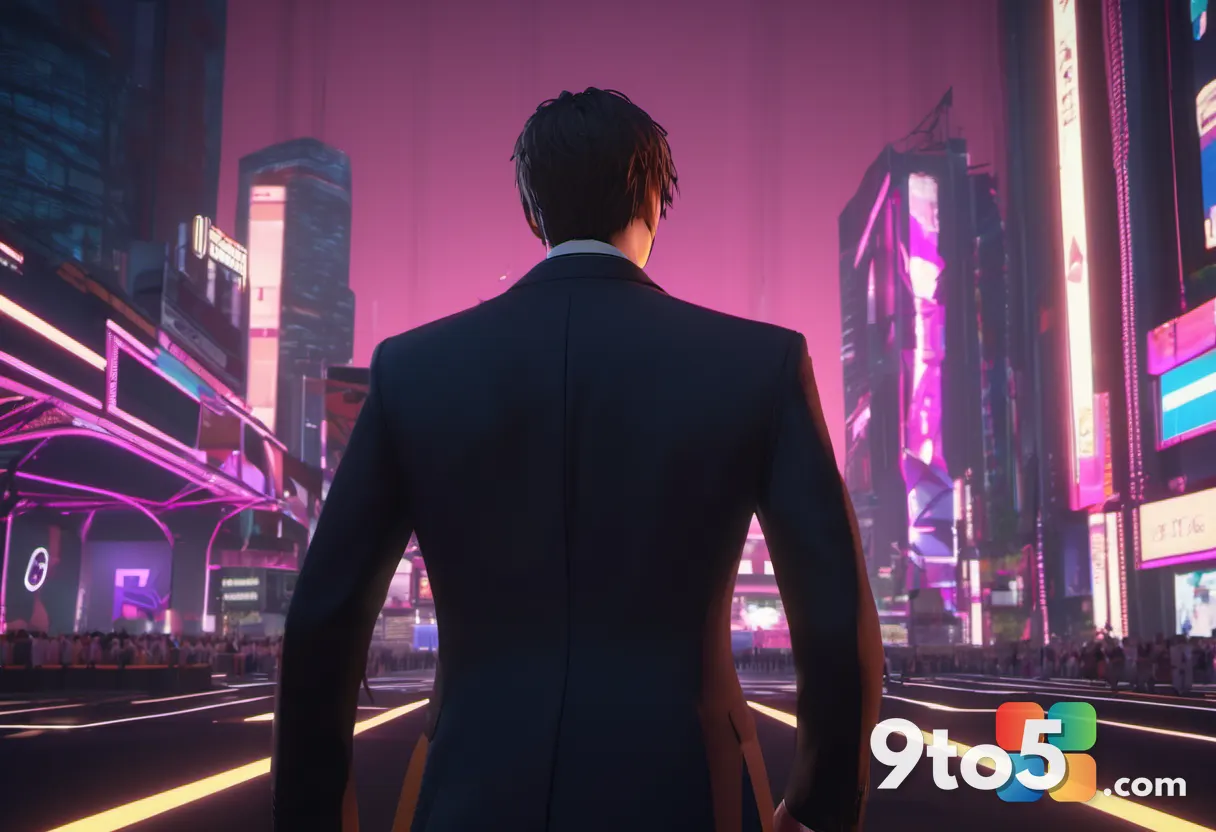 A confident actor in a dark suit walking across a Tokyo Game Show stage, spotlights glowing, crowd blurred in the backgr