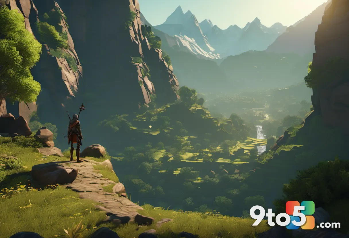 A lone RPG adventurer standing at the edge of a lush fantasy starting zone, mountains in the background, amber sunlight,
