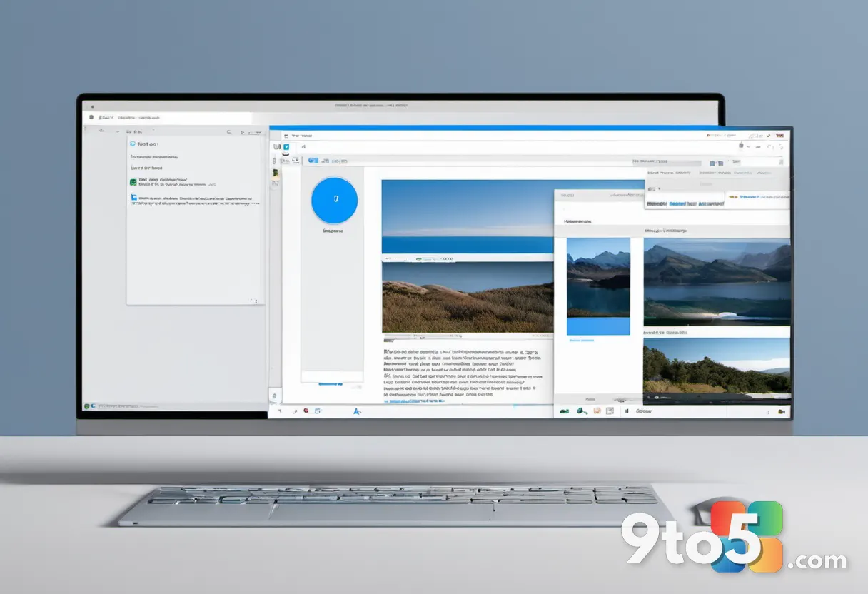 A web browser window with a small assistant overlay button floating in the corner over highlighted text, blue accents, m