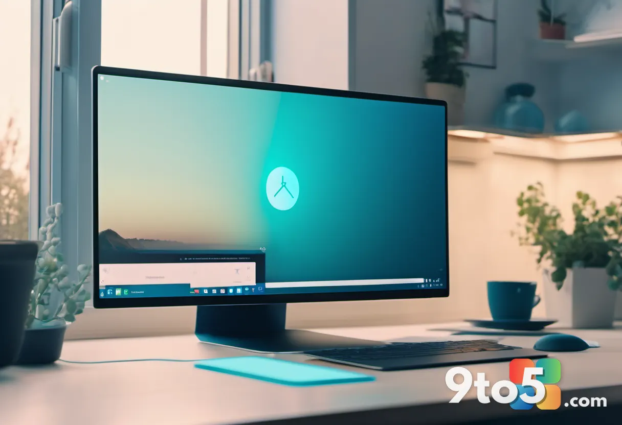 A person unlocking a laptop in a modern home office, soft glow of a login screen, blue and teal tones, minimalist, no te