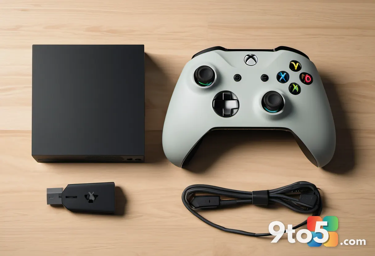 A top-down view of an Xbox console and controller on a light wooden desk, soft morning light, cozy gaming atmosphere, ph