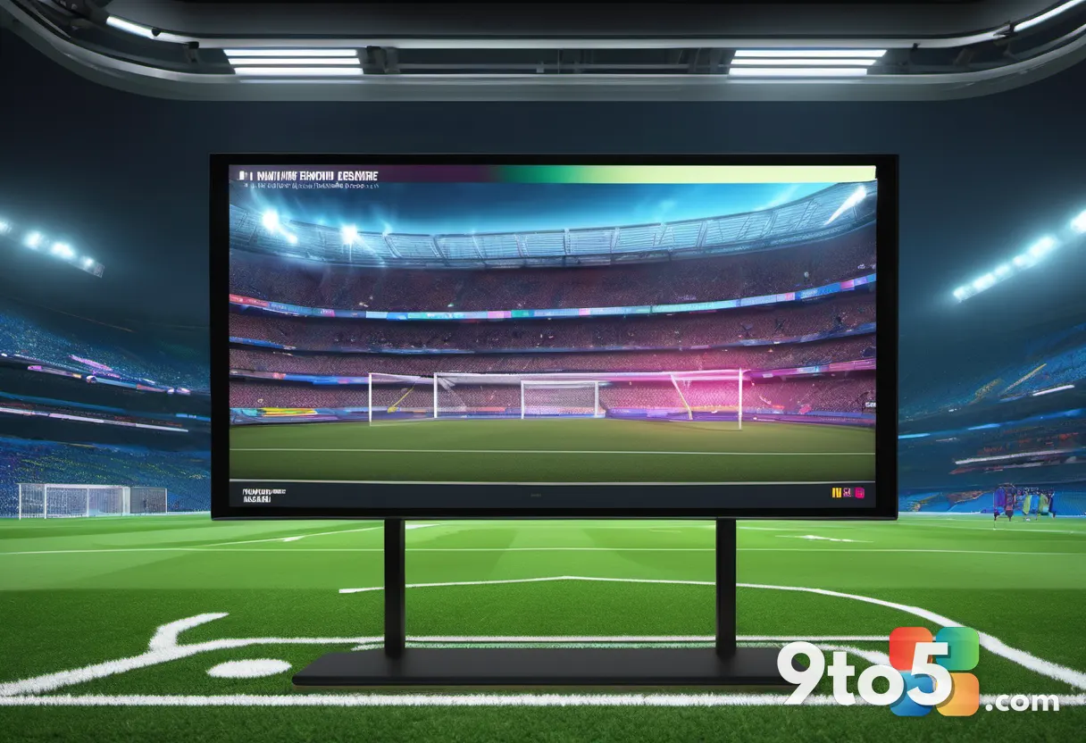 A vibrant digital storefront display showing a football game cover art on a large screen, stadium lights glowing in the 