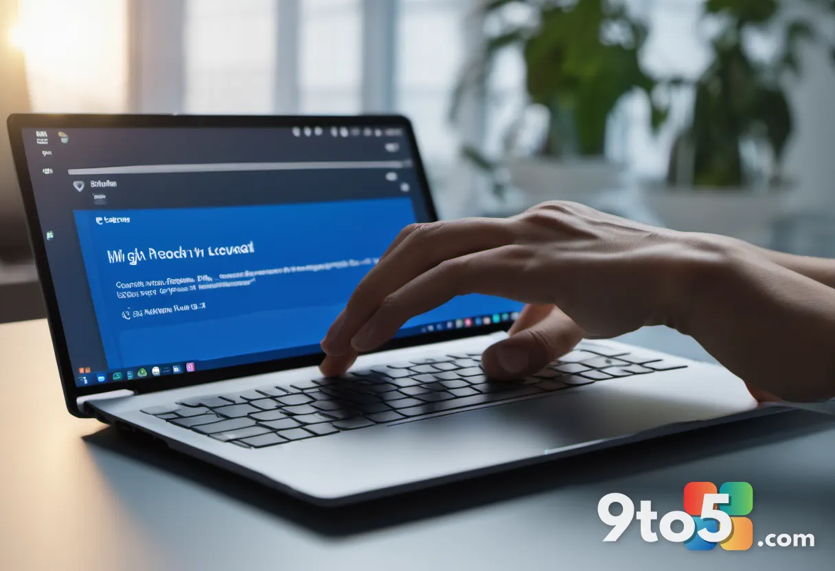 Close-up of hands typing on a laptop keyboard, a Word document visible on screen with faint glowing AI accents, shallow 