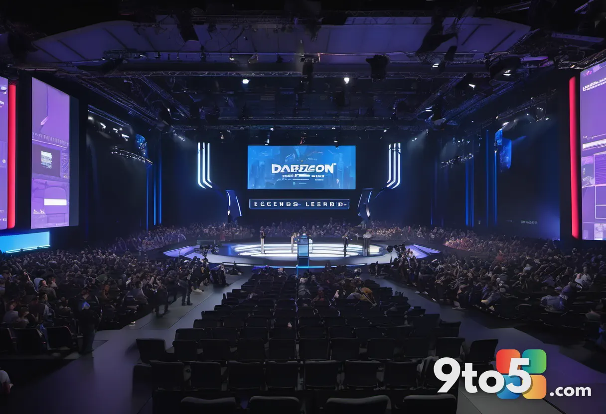 A crowded BlizzCon Legends Stage with a panel of developers at a long podium, spotlights, and a large audience seated in
